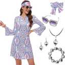 70s Women Disco Dress Hippie Costumes Necklace Earrings Glasses, 60's 70's Birthday Outfits, 1970s Prom Bling Dress XXL