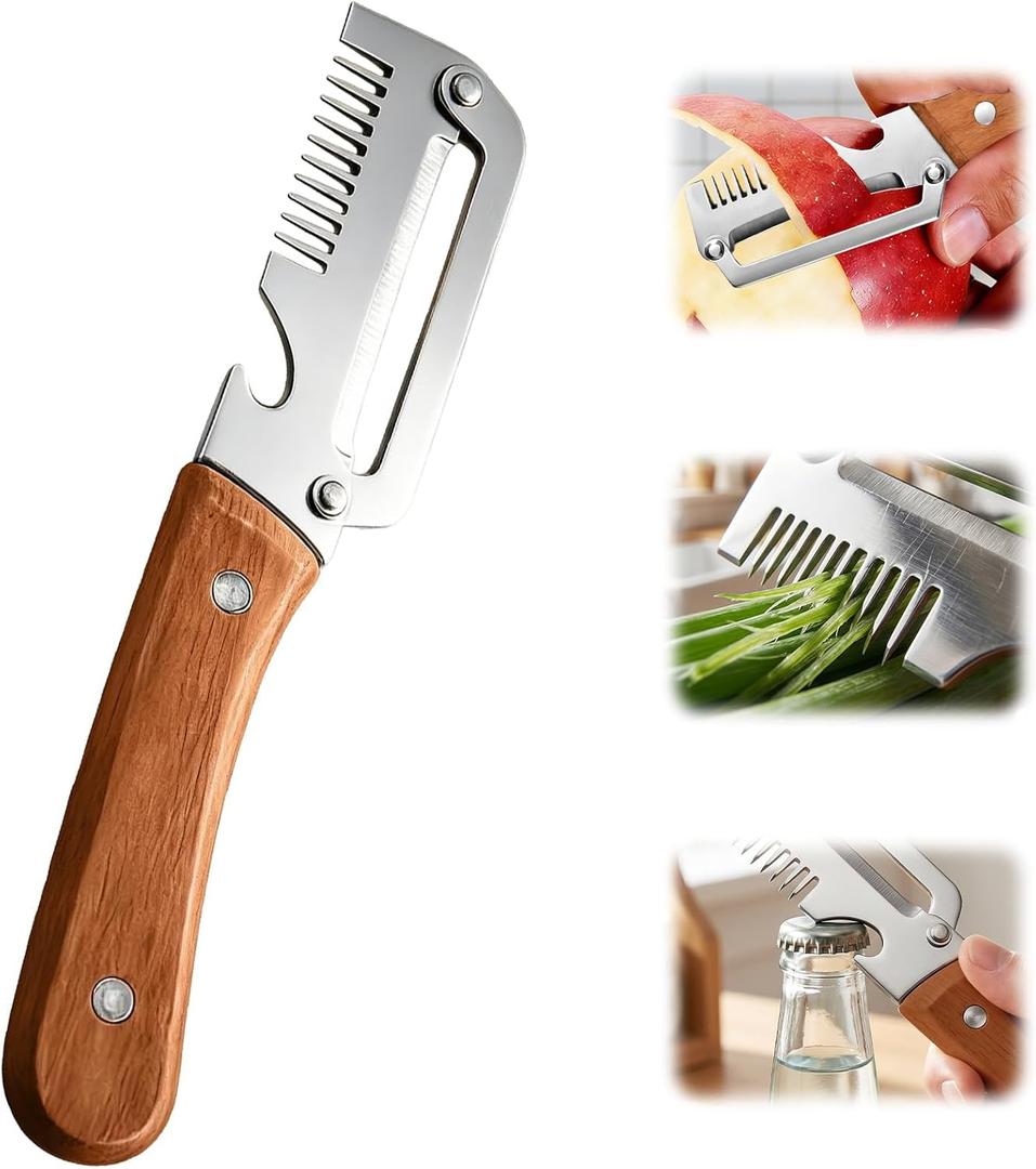 Multifunctional Vegetable Peeler with Wooden Handle, Stainless Steel Julienne Peeler and Potato Peeler, Durable Peelers for Kitchen, Fruit Carrot Skin Stripper, Bottle Opener, Trendy Kitchen Gadgets
