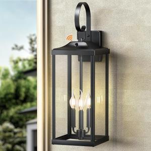 24" Extra Large Dusk to Dawn Outdoor Wall Light, Black 3-Light Waterproof Exterior Wall Mount Porch Lantern, Modern Outside Wall Sconce Coach Light with Clear Tempered Glass, E12, 1-Pack