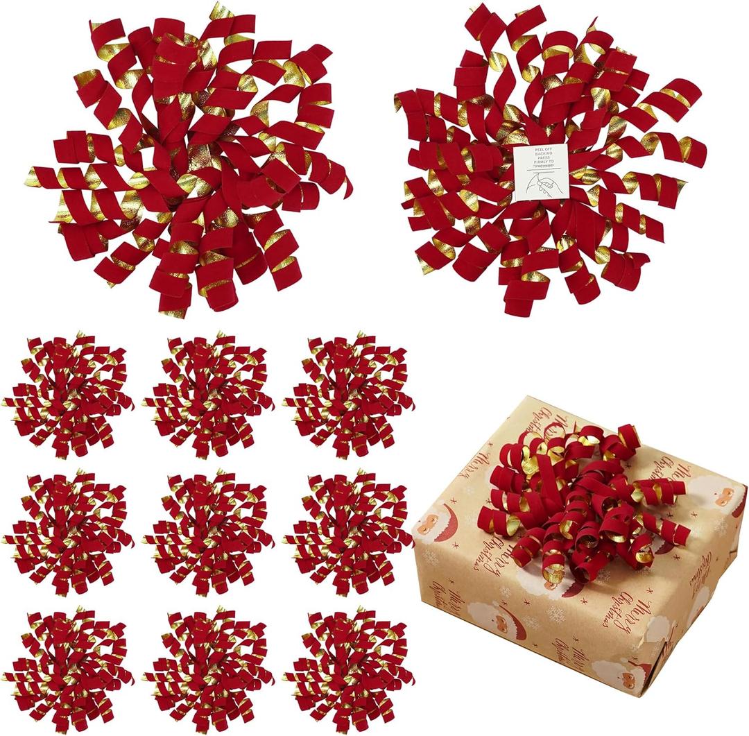 6 Inch x 12 Counts Red Velvet Ribbon Bow with Golden Back Curly Bows for Gift Wrapping, Wedding, Baby Shower, Self Adhesive Valentine Bows for Presents, Baskets, Wine Bottles, Treat Bags