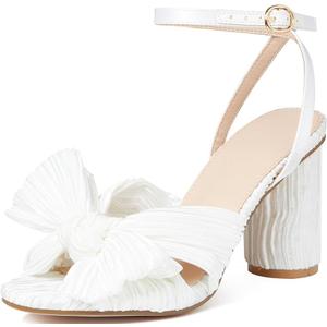 Lovee Cosee Women's Bow Knot Heeled Sandals Pleated Open Toe Ankle Strap Chunky Heels for Bride Wedding (9, White)