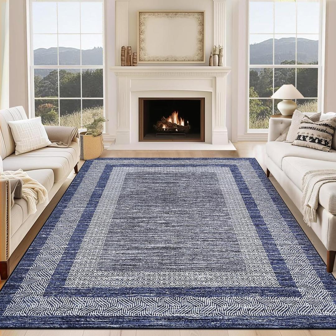 GarveeHome Modern Geometric Area Rug 5x7 Distressed Bordered Rug Washable Non Slip Floor Carpet Non Shedding Thin Rug, Soft Low Pile Rug, Contemporary Blue Rug for Dining Room, Living Room