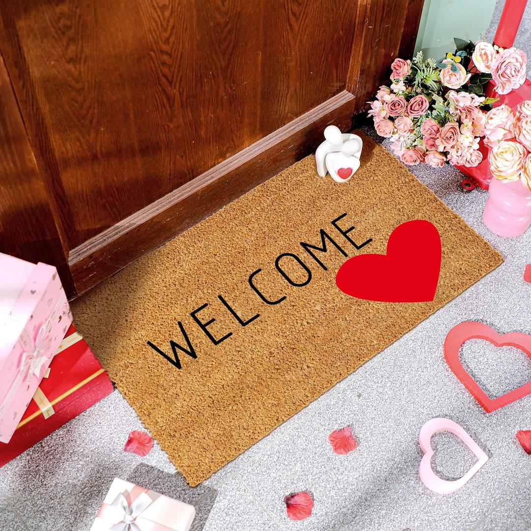 Ceenna Valentine's Day Coir Doormat Romantic Outdoor Indoor Decoration Red Heart Non Slip Welcome Door Mat 15.7" x 27.5" Valentine's Day Rug Decorative Front Door Mat for Porch Gifts