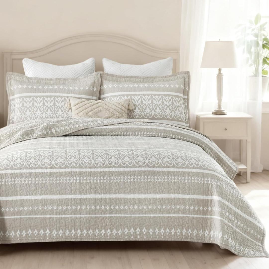 Boho Quilt Set Queen, 100% Cotton Quilt Bohemian Bedspread Striped Printed Lightweight Comforter Set Quilted Coverlet Queen Bedding for All Season 3 Pieces,Beige (Queen(90" x 98")