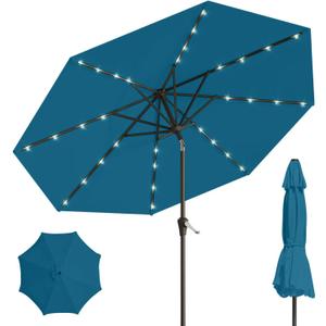 9' Solar LED Patio Umbrella with Tilt & Crank|8 Sturdy Ribs,UV Protection,Outdoor Market Table Umbrella for Deck,Lawn,Pool,Backyard(Lake Blue), 107.98 inches diameter and 92.4 inches height