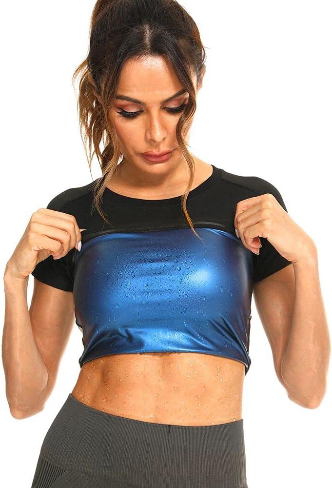 Sauna Shirt for Women Sweat Suit, Short Sleeve Sauna Shirt Women, Athletic Tee Sauna Top Compression Waist Trainer (Small, Blue)
