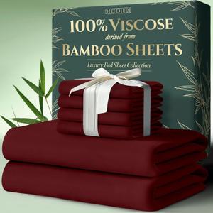 DECOLURE 100% Viscose Derived from Bamboo Sheets Queen Size 6pcs - Ultra Soft & Luxuriously Cooling, 17" Deep Pocket, Double Stitching, Perfect for Hot Sleepers - Queen Bed Sheets (Burgundy)