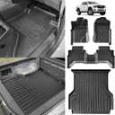 TripleAliners Truck Bed Mat & Floor Mats Front Rear Full Set Compatible with Ford Ranger 2024-2025 SuperCrew Accessories All Weather TPE Truck Liner Custom Fit (5FT Truck Bed Mat+Floor Mats)