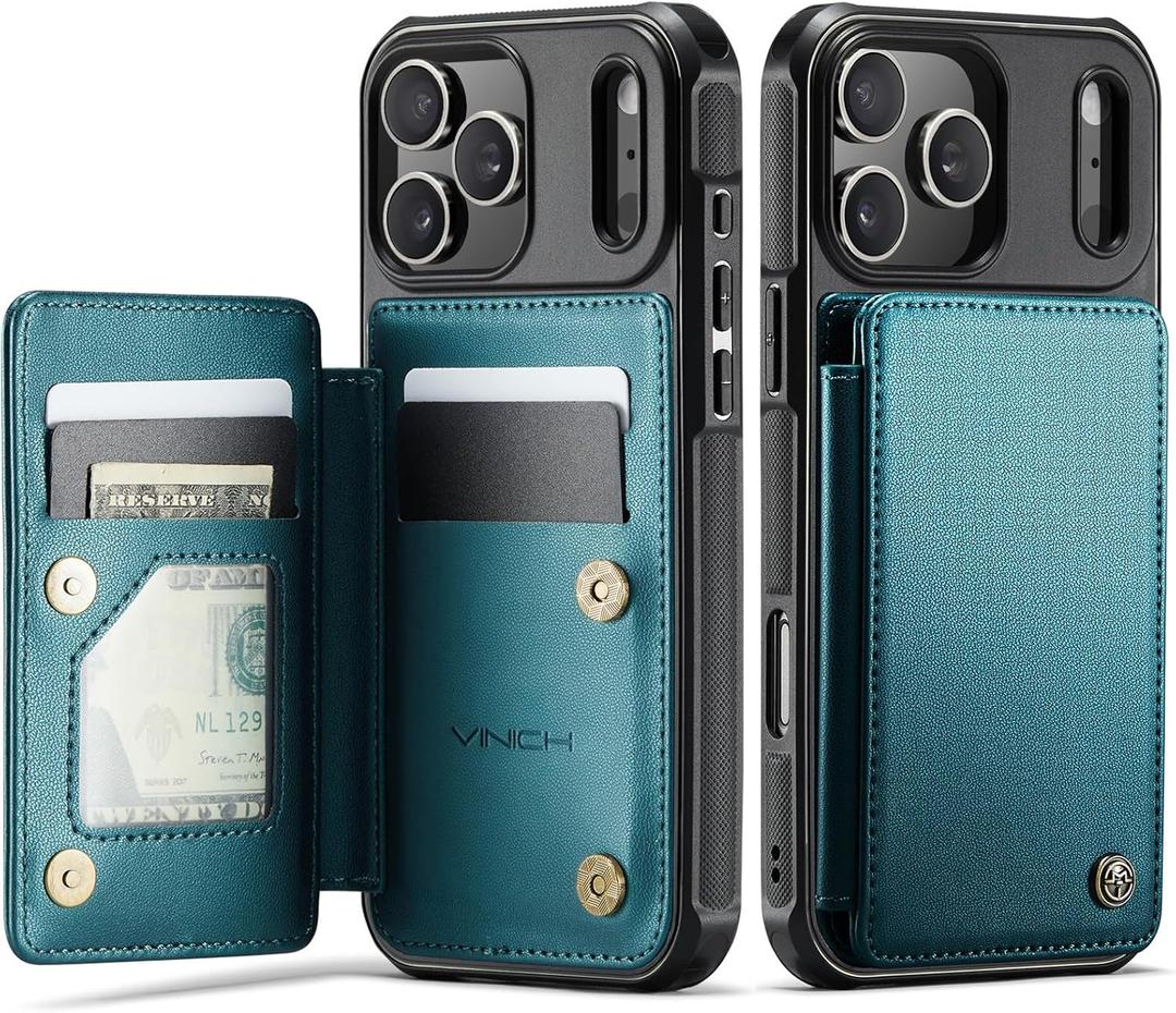 Vinich for iPhone 17 Pro Wallet Case with Card Holder, RFID Blocking Credit Slots Kickstand Shockproof Phone Cover Fit for iPhone 17 Pro 6.3" Bluish Green