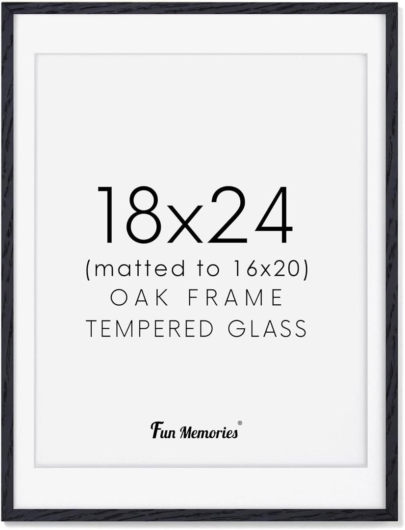 18x24 Black Picture Frame, Solid Oak Wood Frame 18"x24" Set of 1, 18 x 24 Black Poster Frame, Large 18x24 Frame with Real Glass, Matted to 16x20, 18x24 Art Frame for Wall