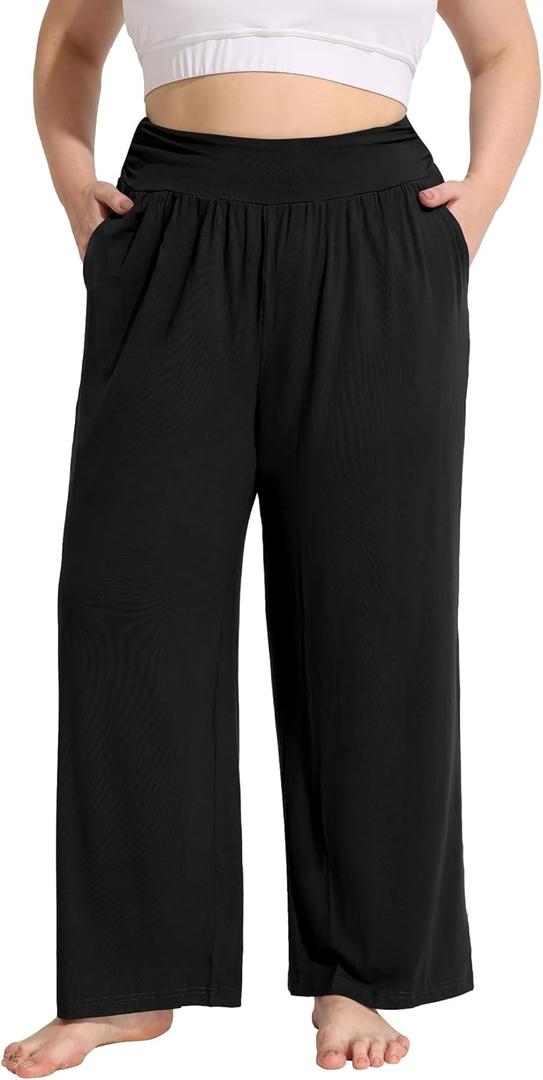 FOREYOND Plus Size Wide Leg Pants for Women Comfy Casual Lounge Yoga Pants High Waist Pajama Pants with Pockets XL-5XL (3X-Large Plus, Black)