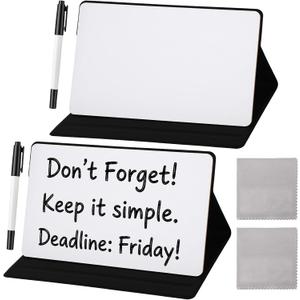 Dunzoom 2 Pcs Portable Small White Board Reusable Dry Erase Board with Stand 9 x 6 Inch Desktop Whiteboard with Markers Wipe Cloths for Office Meeting Home (Black)