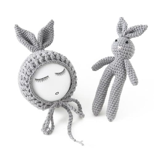 Jastore Infant Newborn Photography Prop Photo Crochet Boys Girls Knit Toy Rabbit Hats (Rabbit-Grey)