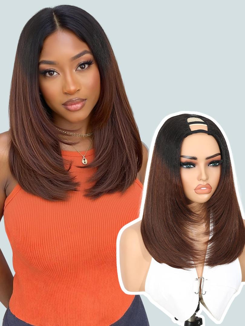 Quantum Love Black Brown U Part Wig V Part Yaki Straight Layered Short Bob Wigs For Women Upgrade Put On Go Clip in Half Wigs Glueless Heat Resistant Synthetic Hair (24inch, Black Brown)