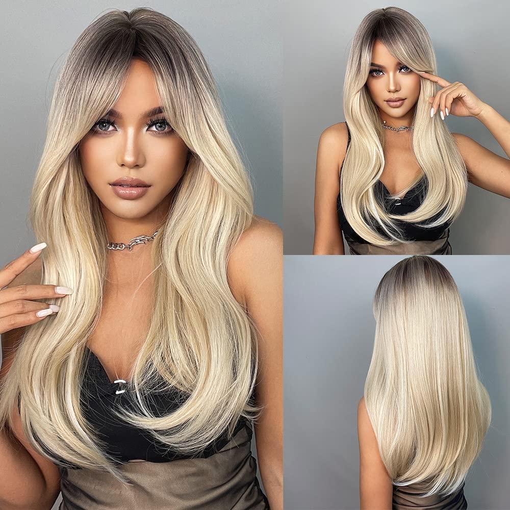 HAIRCUBE Ombre Light Blonde Wigs for Women, Long Straight Wigs with Bangs Heat Resistant Fiber Synthetic Wigs