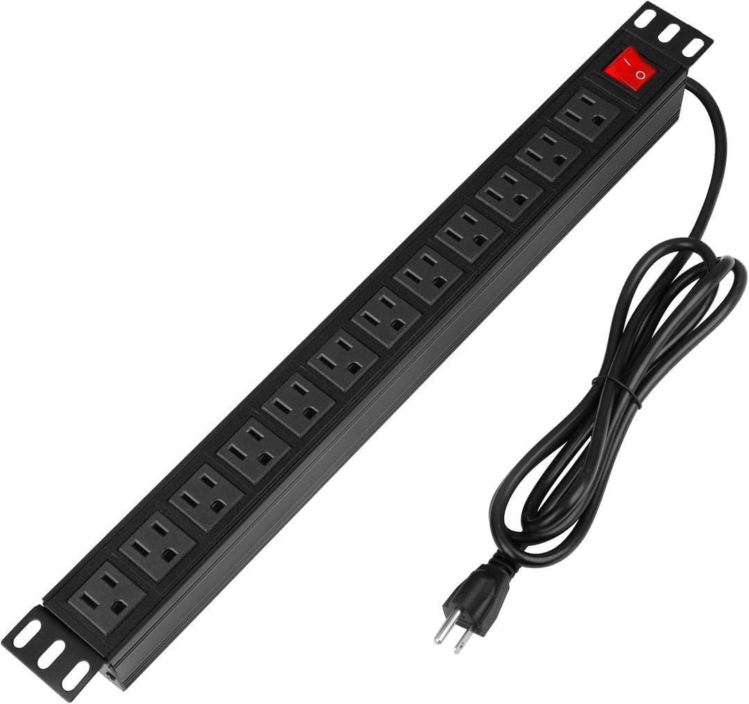 BTU Power Strip Surge Protector Rack-Mount PDU, 12-Outlet Power Strip with Switch, Metal Mountable Heavy Duty for Server Racks, Garage, Shop Workbench, Industrial Commercial Use (Black 6FT)