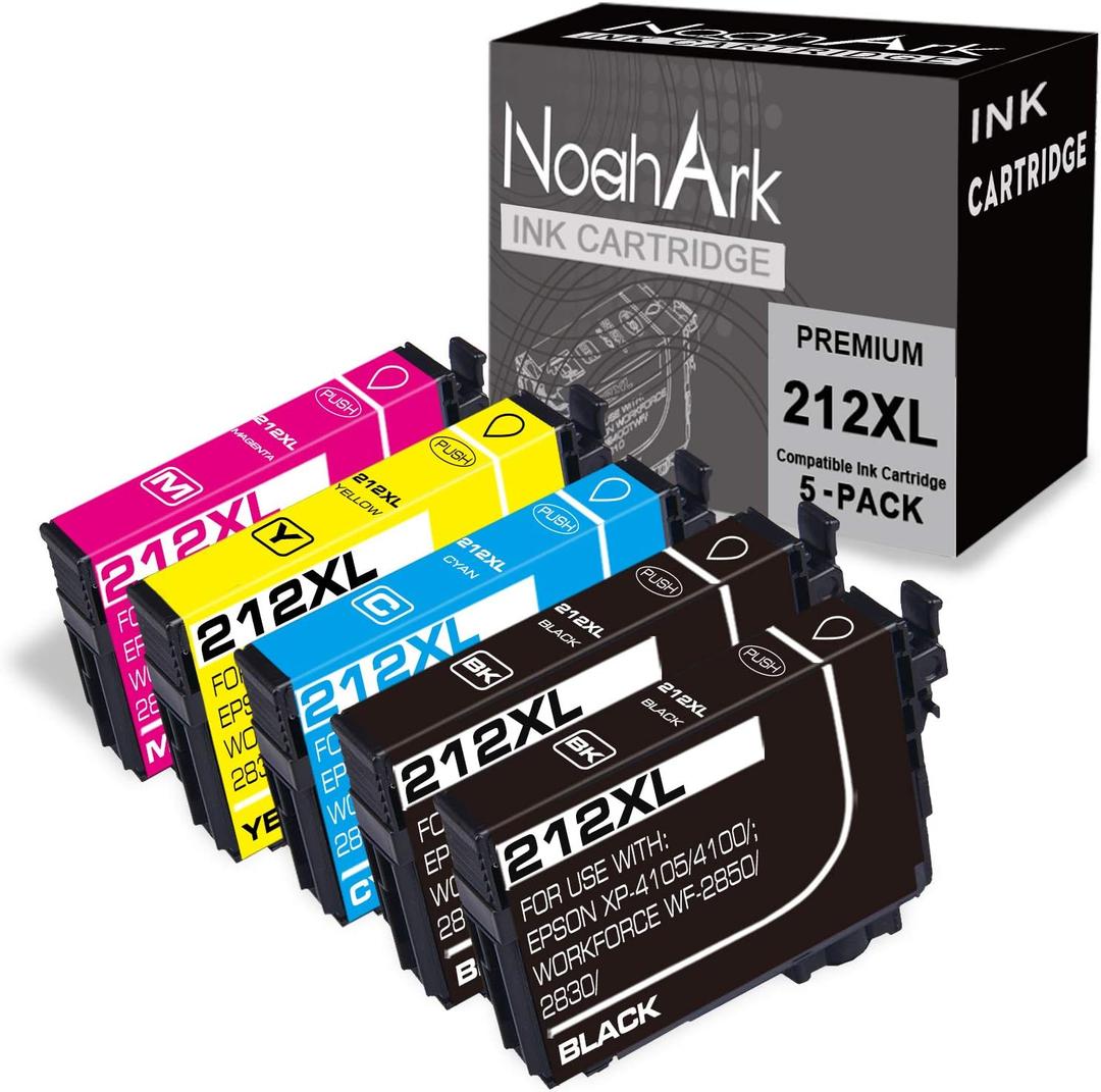 5 Packs 212XL Remanufactured Ink Cartridges Replacement for Epson 212 T212XL High Yield for Workforce WF-2830 WF-2850 Expression Home XP-4100 XP-4105 Printer (Black Cyan Magenta Yellow)