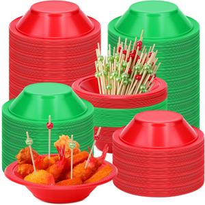 100 Sets Disposable Christmas Plastic Bowls Bulk 17.5 oz Red and Green Christmas Food Serving Bowls Pearl Toothpicks for Xmas Party Favor Supplies Picnic Dessert Candy Snack Fruit Salad Soup