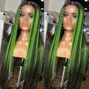 Highlight Green Synthetic Lace Front Wigs Pre Plucked Black Straight Hair with Green Streak Heat Resistant Glueless 13x4 Lace Wig for Fashion Women 24 Inch