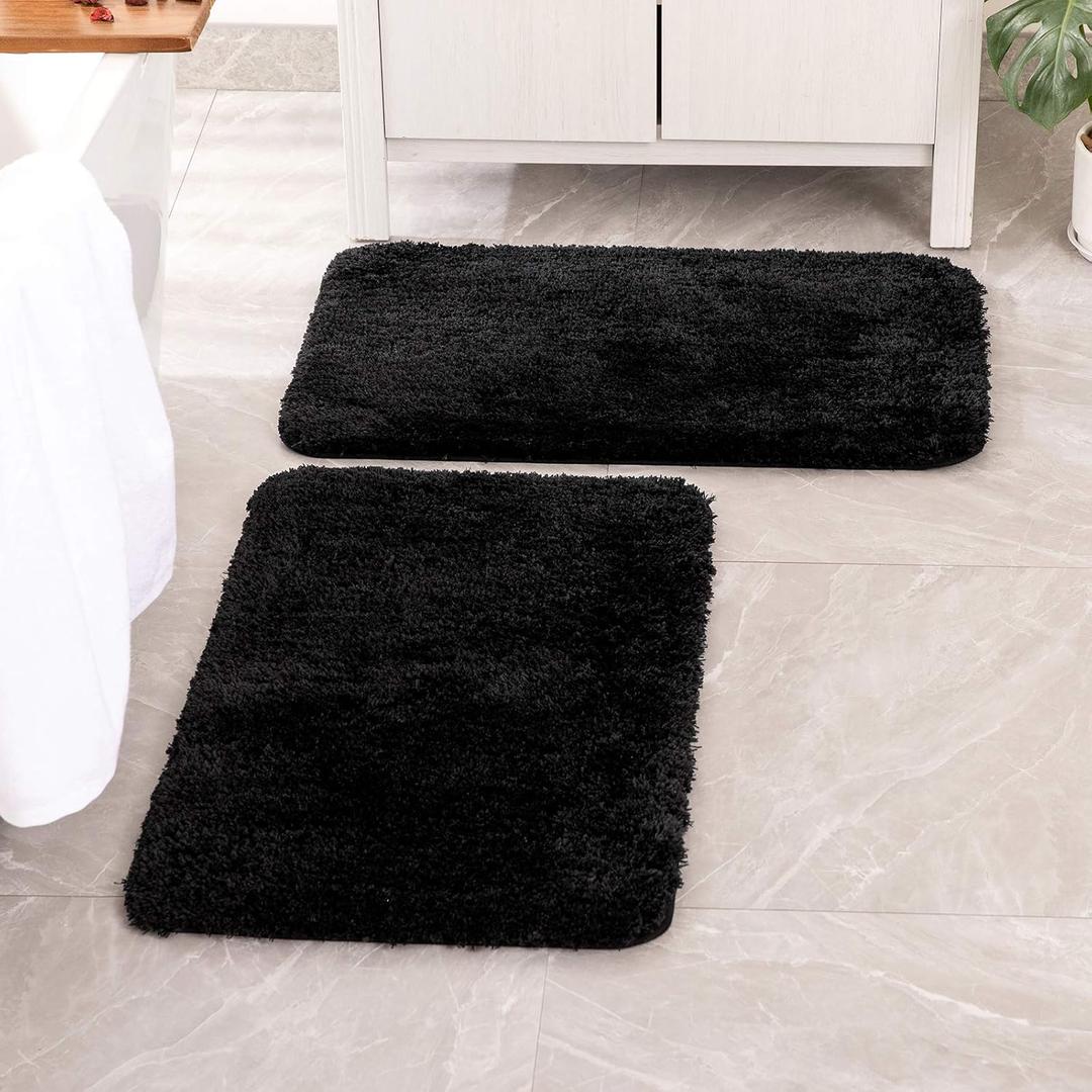 MIULEE Set of 2 Non Slip Shaggy Bathroom Rugs Extra Thick Soft Bath Mats Plush Microfiber Absorbent Water for Tub Shower Machine Washable (Black, 16x24 inches)