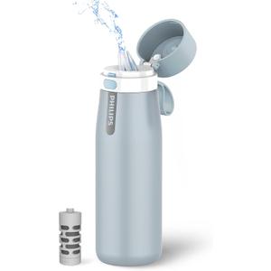 PHILIPS Water Bottle with Filter, Filter Water Bottle Stainless Steel with GoZero Everyday BPA-Free Tap Water Filter, Water Filter Bottle Keep Drink Cold 24 Hours, 1 Filter for 40 gal / 2 Months