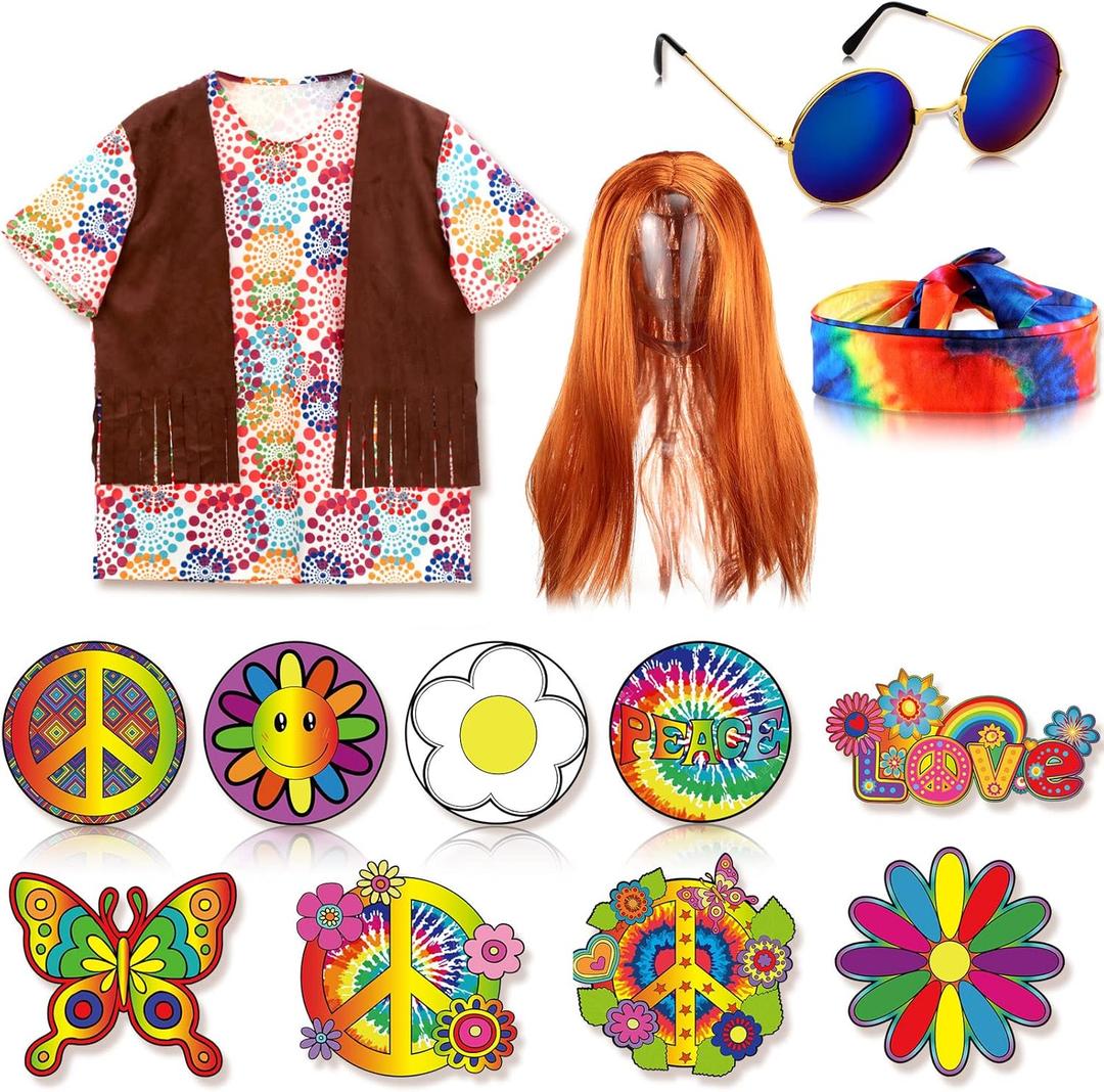Kathfly 15 Pcs 60s 70s Outfits for Men Women Hippie Costume Set Hippie Shirt with Tassel Vest Wig and Headband for Cosplay