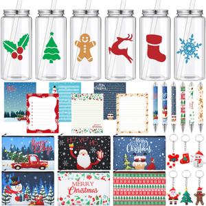 Bokon 30 Pcs Bulk Christmas Gifts Set Include Merry Christmas 13.5 oz Plastic Cups with Lid and Straw Cosmetic Bags Snowflake Sticky Notes Ballpoint Pens Santa Keychains for Xmas Party Gifts( Cute)
