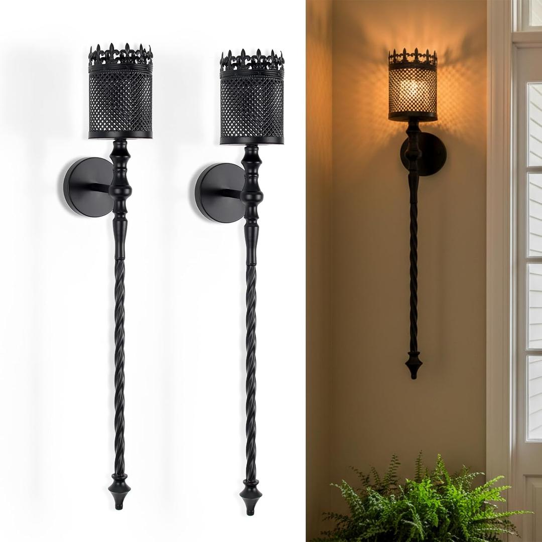 Candle Sconces Set of 2 Long Wall Candle Holder Large Black Gothic Vintage Wall Sconce Decoration for Dining Room, Living Room, Office, Bathroom