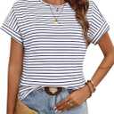 LilyCoco Womens Striped Shirt Short Batwing Sleeve Tops Crew Neck Casual Loose Fit Tee Black Small (S)