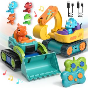 Lehoo Castle Construction Toys, 2 Pack Remote Control Car for Toddlers 1-3, Rechargeable Excavator Toy Bulldozer Toys for 2 Year Old Boy, 3 Year Old Boy Toys