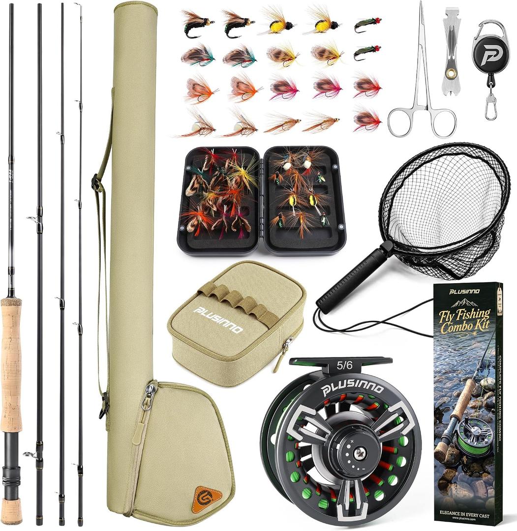 PLUSINNO Fly Fishing Rod and Reel Combo Gear Portable Full Starter Kit, 5 Wt -9' Fly Rod, 5/6 Reel