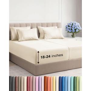 Extra Deep Split King Sheet Set - 7 Piece Breathable and Cooling Sheets - Hotel Luxury Bedding for Women, Men, Kids & Teens - Easy Secure Fit - Soft and Wrinkle Free - Extra Deep Pockets - Off White