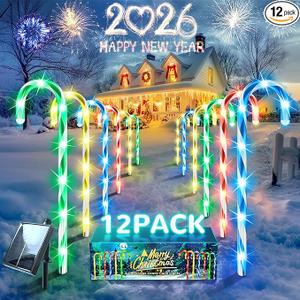Anordsem Solar Christmas Decorations Outdoor: 21" Candy Cane Stake Lights 12 Pack  Waterproof LED 8 Colorful Lighting Models for Pathway Yard Garden Xmas Decor  2026 New Year Gifts for Homeowners