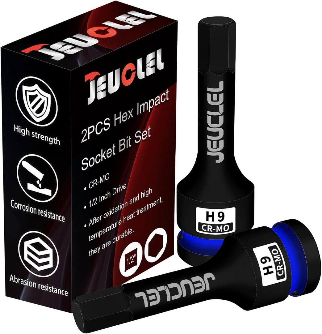 2Pcs 9mm Hex Impact Bit Socket, H9 1/2-Inch Impact Drive Allen Socket, Cr-Mo Steel Lengthen Hex Screwdriver Adapter for Electric Ratchet Wrenches Fastening Screws