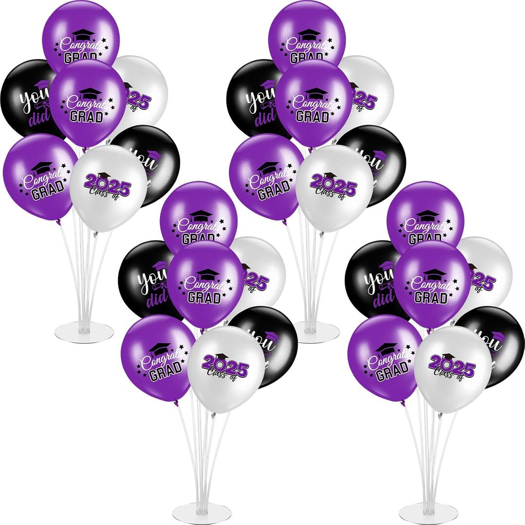 4 Set Balloon Stand Kits for Table Centerpieces Latex Table Balloon Holder with Congrats for 2026 Holiday Party Supplies Decoration Celebration(Purple) (Graduation)