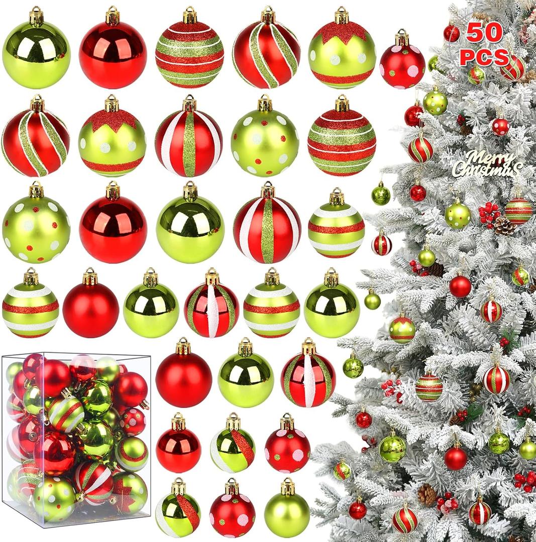 Christmas Ornaments Set, 50ct Green Red and White Ball Ornaments for Christmas Tree Decorations Shatterproof Plastic Hanging Baubles Decoration for Thanksgiving Xmas Holiday Home Party Decor