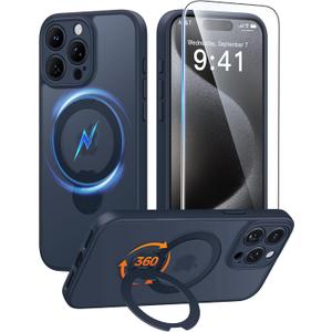 FNTCASE for iPhone 15 Pro-Max Case: [360 Spin Magnetic Stand] [Compatible with Magsafe] [Screen Protector] Translucent Matte Military Grade Shockproof Full Camera Protective Phone Cover - Deep Blue