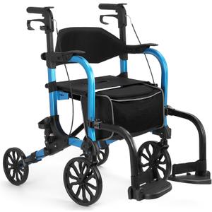 Foldable Rollator Walker with Seat for Seniors,Lightweight 2-in-1 Rolling Walkers and Wheelchair Combo with Adjustable Handle Height,Transport Chair with Brakes 300 lbs Weight Capacity Blue-all Terrain(10" Front and 8" Rear Wheels)