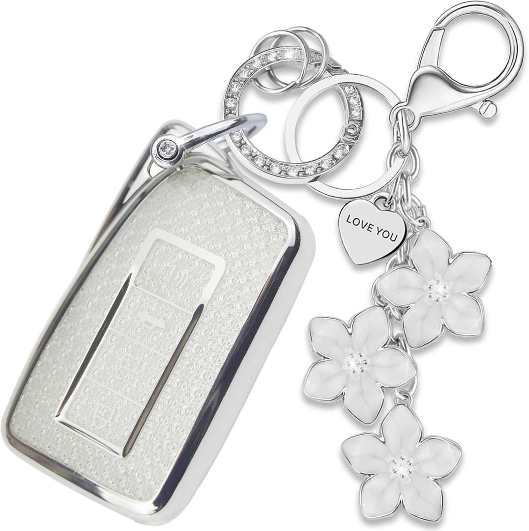 Silver TPU Key Fob Cover with Sakura Flower Keychain Compatible with Lexus ES300h ES350 GS350 GS450h IS200t IS300 IS350 LX570 NX200t NX300h RC350 RX350 RX450h 4-Button Smart Key for Women