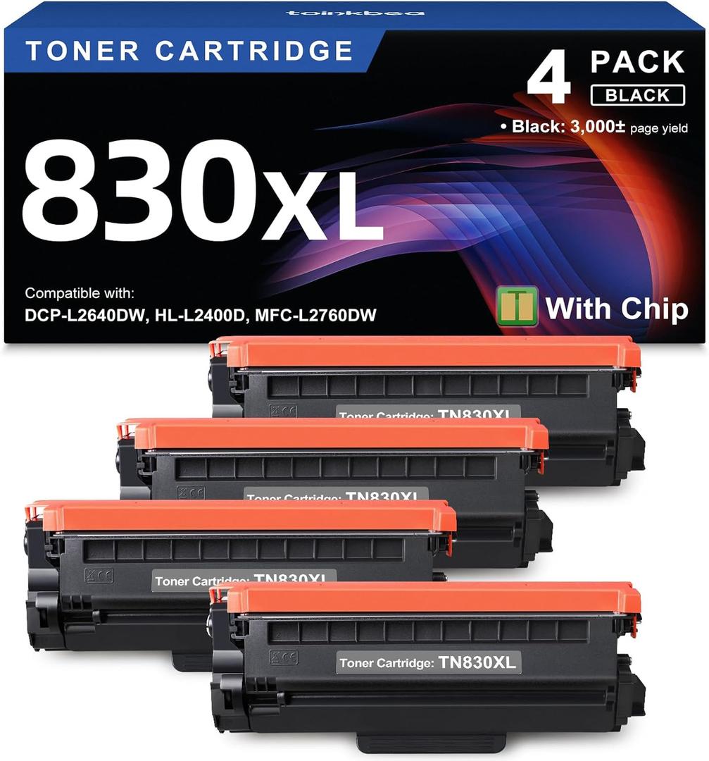 TN830XL Black Toner Cartridge Ink for HL-L2460DW Printer Replacement for Brother TN830 XL TN830 TN-830 Toner Set for DCP-L2640DW HL-L2460DWXL HL-L2405W MFC-L2820DW MFC-L2820DWXL, 4PK (with Chip)
