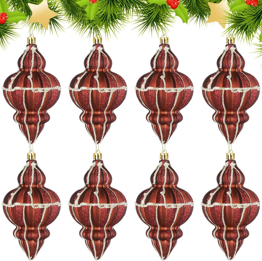Soulchen Brown 8 Pcs 5.1 Inch Shatterproof Finial Christmas Ornaments Rustic Finial Vintage Ornaments Xmas Hanging Decor Christmas Tree Decorations for Holiday Farmhouse Home Decoration