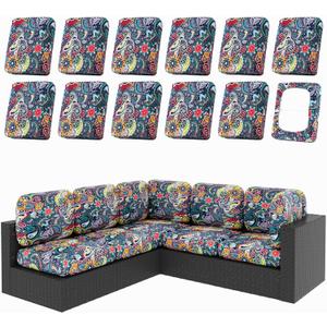 hyha 12Pcs Patio Cushion Covers, Stretch Outdoor Couch Cushion Covers Replacement, Washable Outdoor Chair/Sofa Slipcovers for Patio Furniture Cushions Protector with Elastic Bottom (Paisley,Cover Only)