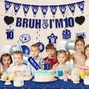 10th Birthday Decorations Banner Boys - 28 Pcs Blue Bruh I'M 10 Pre-Strung Banners Hanging Swirls Latex Balloons Sash Cake Topper Set for Kids 10 Year Old Boy Party Decor Supplies