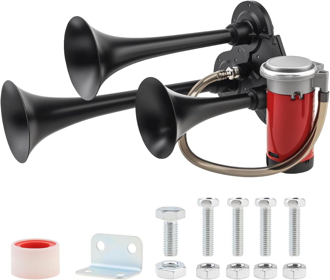 Train Horn for Truck, 12V 150dB Super Loud Triple Trumpet Air Horn Set with Compressor for Trucks Lorry Trains Boats Cars Van Ship - Pack of 2