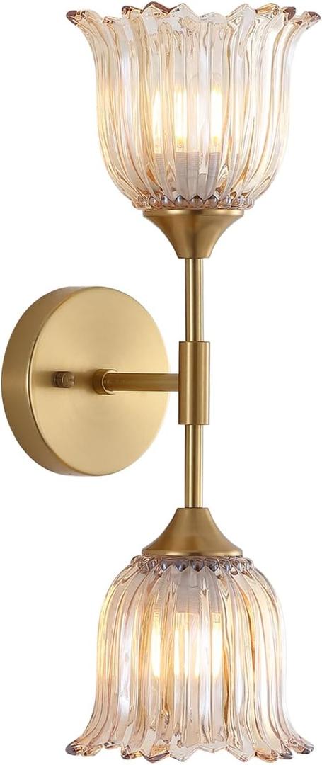 2-Lights Gold Wall Sconce with Amber Glass Shades Modern Mid Century Bathroom Vanity Wall Light Fixtures Industrial Brushed Brass Wall Lamp for Bedroom Mirror Living Room Restaurant