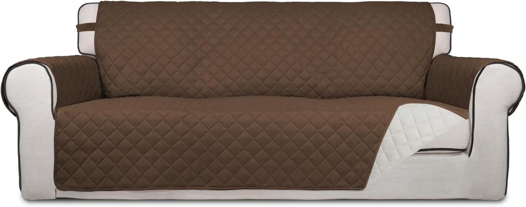 PureFit Reversible Quilted Sofa Cover, Water Resistant Slipcover Furniture Protector, Washable Couch Cover with Non Slip and Elastic Straps for Kids, Dogs, Pets (Oversized Sofa, Coffee/Ivory) (X-Large)