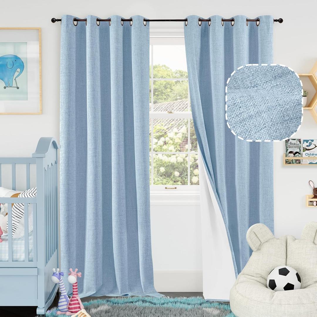 Blue Linen Blackout Curtains for Kids Bedroom Nursery 84 Inch Length 2 Panels, Thermal Insulated Full Room Darkening Noise Reducing Privacy Window Curtains for Boy Room, Each 52 Inch Wide