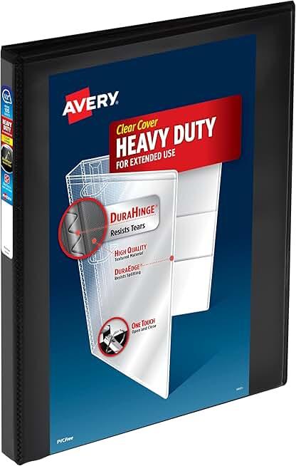 Avery Heavy-Duty View 3 Ring Binder, 0.5 Inch One Touch Slant Rings, 135-Sheet Capacity, DuraHinge, 0.7 Inch Wide Spine, Customizable Clear Cover and Spine, 1 Black Binder (79381)