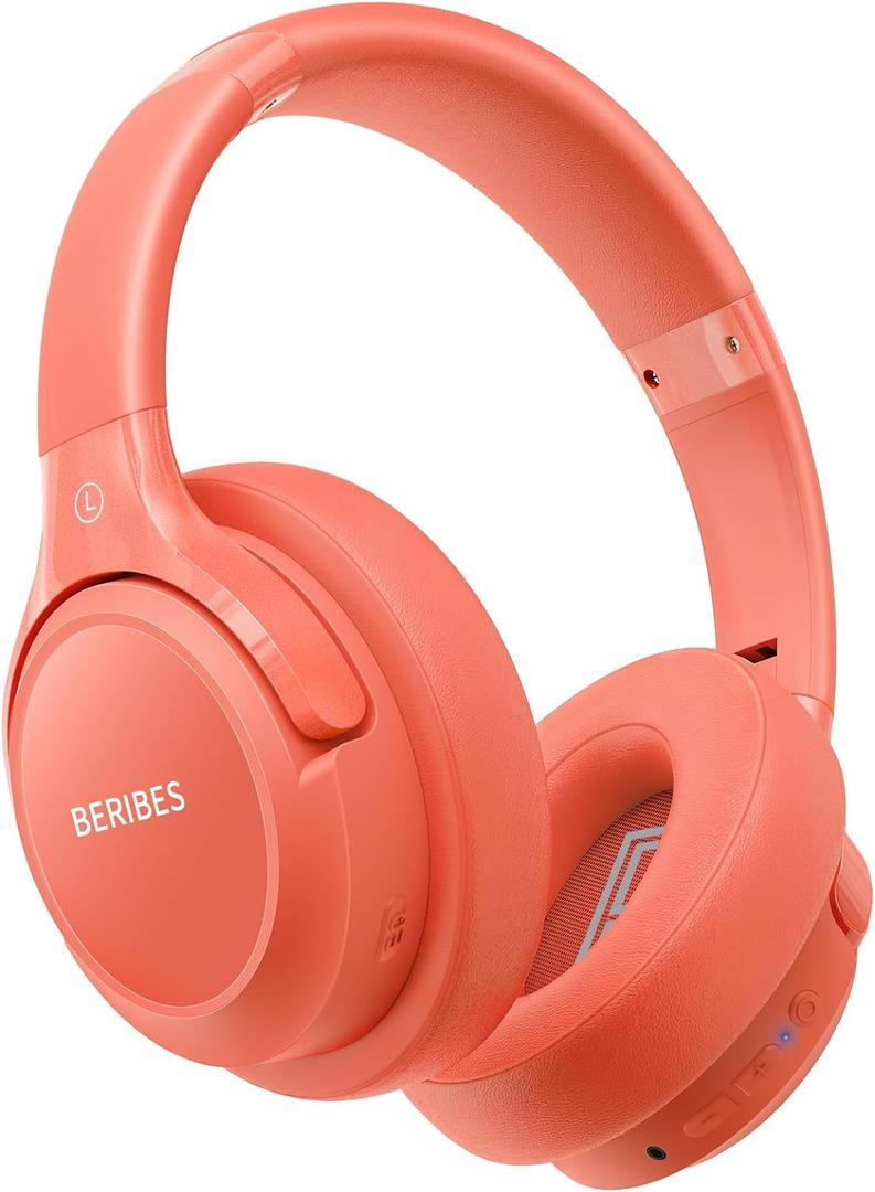BERIBES Bluetooth Headphones Over Ear, 65H Playtime and 6 EQ Music Modes Wireless Headphones with Microphone, HiFi Stereo Foldable Lightweight Headsets, Deep Bass for Home Office Cellphone PC Ect. (Orange red)