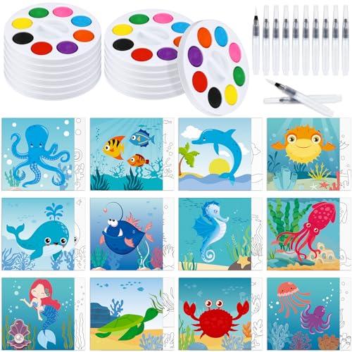Lincia 12 Set Ocean Sea Animal Pre Printed Canvas Pre Drawn Canvas Painting Kit with Pen and Paints Outline Painting Panels Gift for Beginners, DIY Craft Project, Christmas Birthday Party Favor